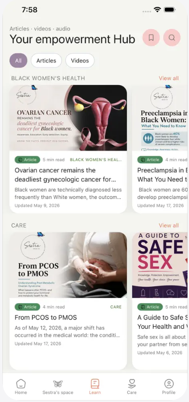 Sestra empowerment hub with wellness education articles and videos